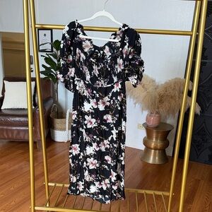 Anthropologie Black Floral Midi Dress with Puff Sleeves